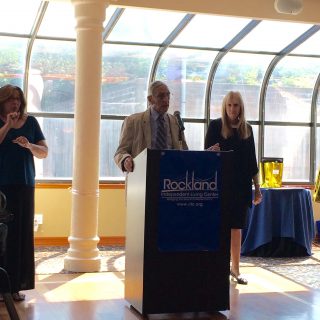 Leslie Barnett (Co-Facilitator) at Jim Evers receiving the 2015 Senator Eugene Levy Memorial Independent Living Award for Grassroots Community Service Projects during the 25th Anniversary of the American Disabilities Act. Submitted by Rockland Independent Living Center