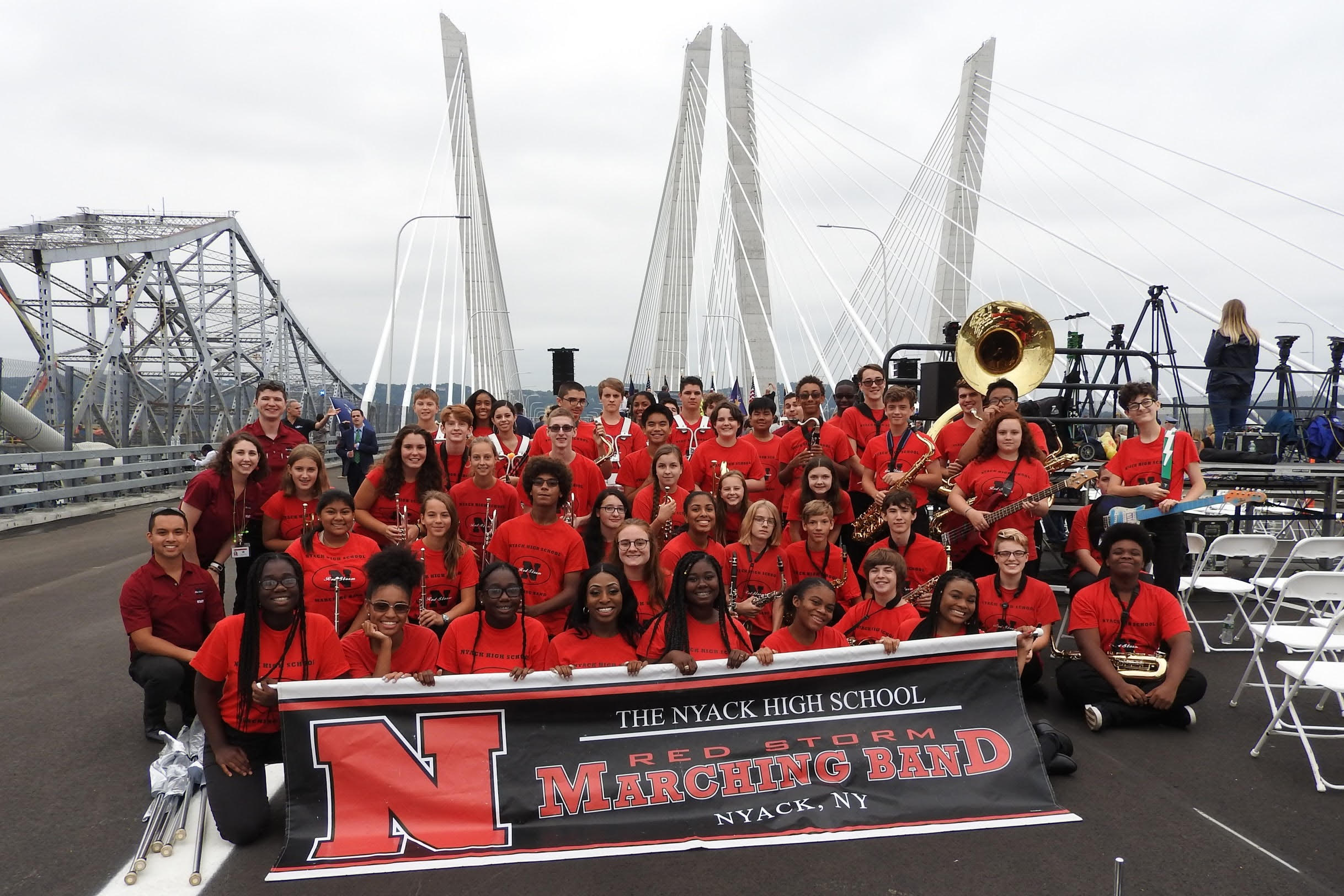 Nyack High School Marching Band performs on the new bridge span