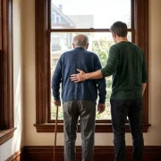 son and father look out the window