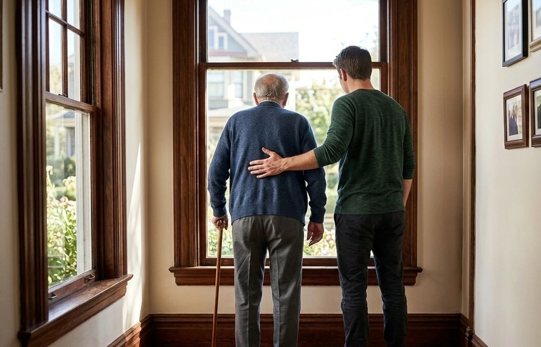 son and father look out the window